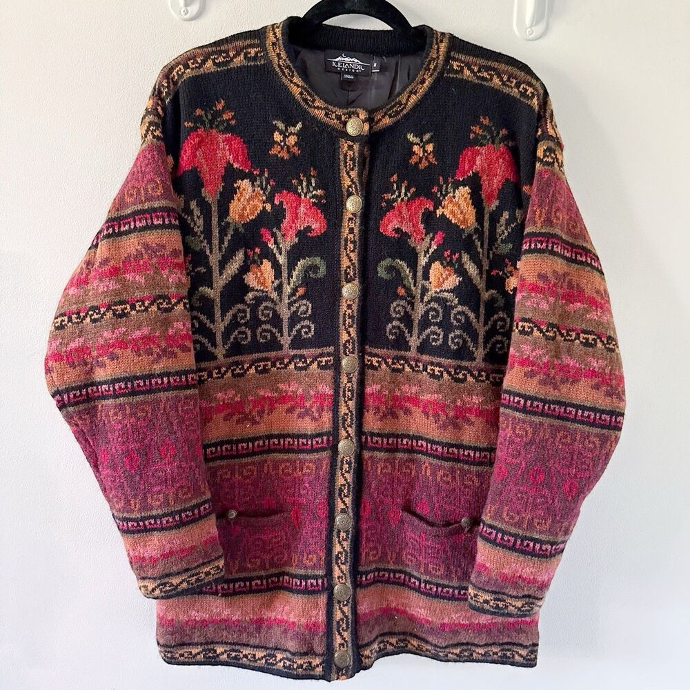 Vtg Icelandic Design Wool Cardigan Jacket M Folk Tapestry Nordic Floral Lined